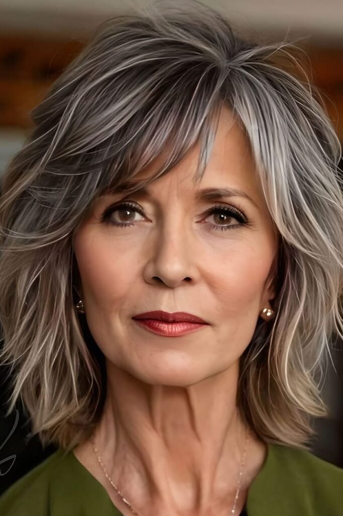 Shoulder-Length Shaggy Bob with Soft Layered Bangs