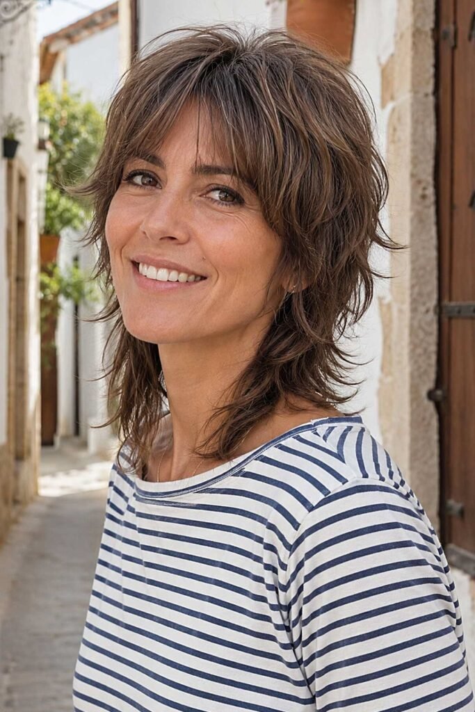 Shoulder-Length Shaggy Layered Cut with Wispy Bangs