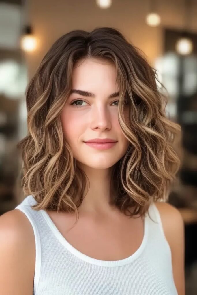 Shoulder-Length Wavy Bob with Honey Highlights