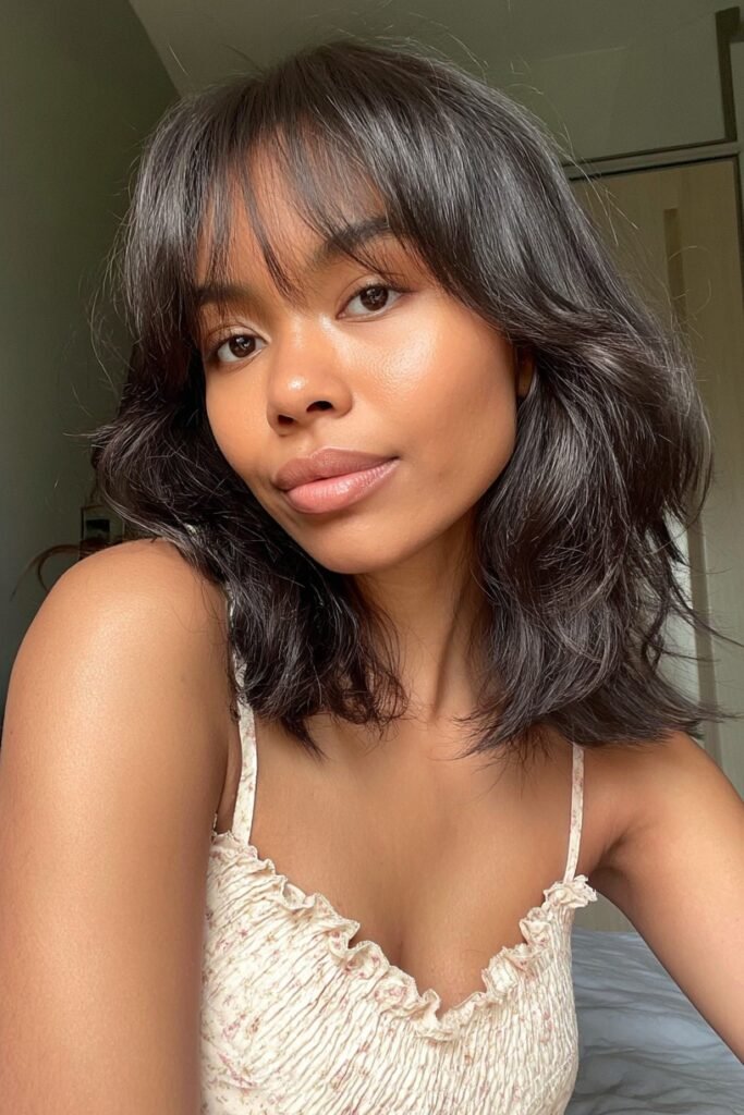 Shoulder-Length Wavy Hair with Wispy Bangs