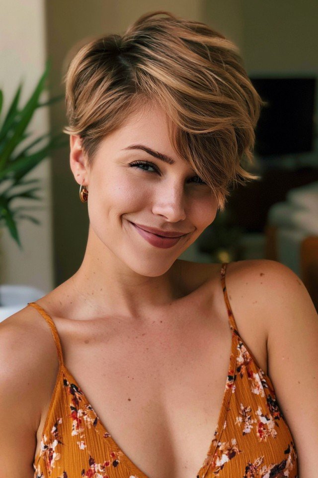 Side-Parted Honey Blonde Pixie Cut with Soft Waves