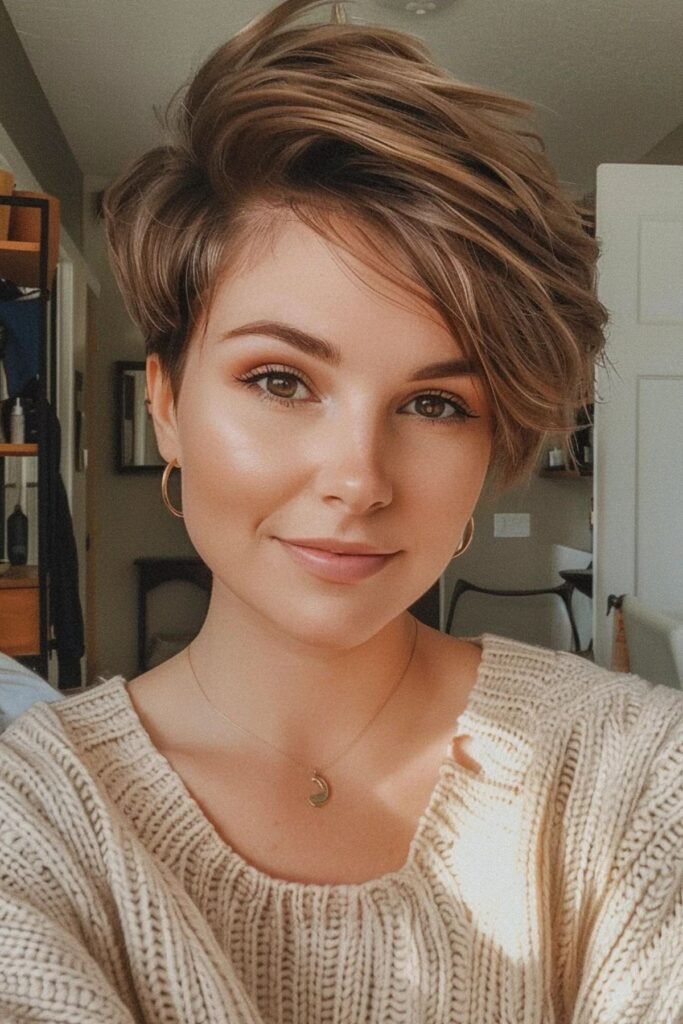 Side-Parted Honey Brown Pixie with Volume
