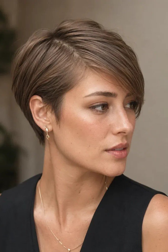 Side-Parted Sleek Pixie Cut with Tucked Sides