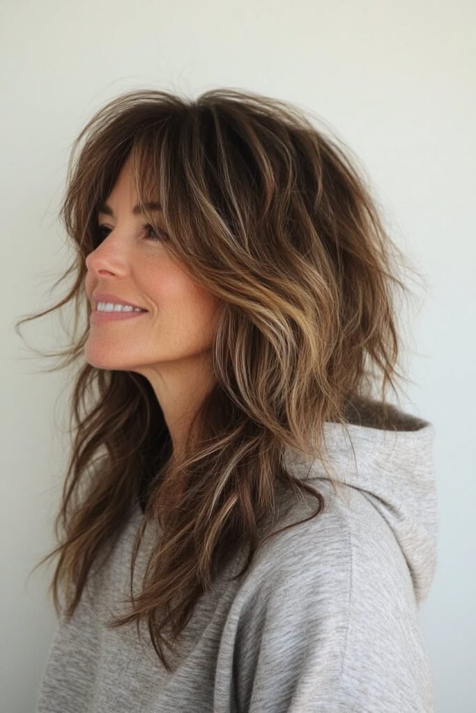Side-Profile Shaggy Layered Cut with Highlights and Soft Bangs