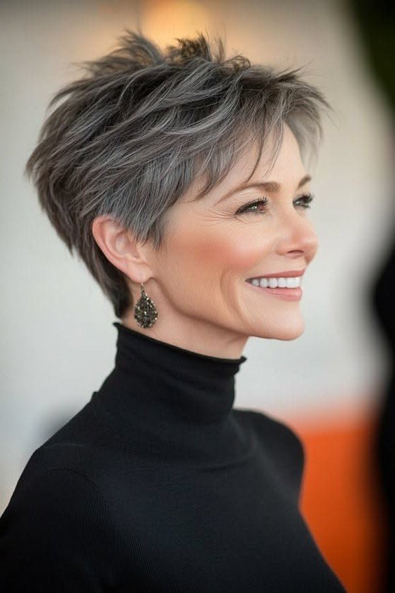 Side-Swept Layered Silver Crop with Textured Crown