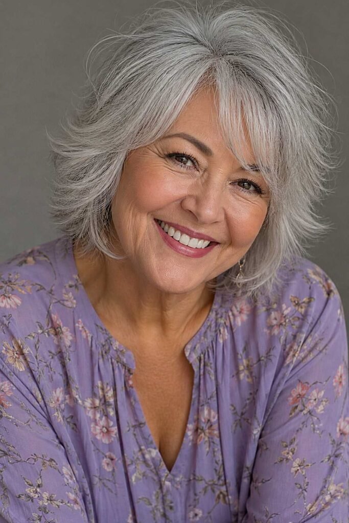 Silver Feathered Bob with Side-Swept Bangs