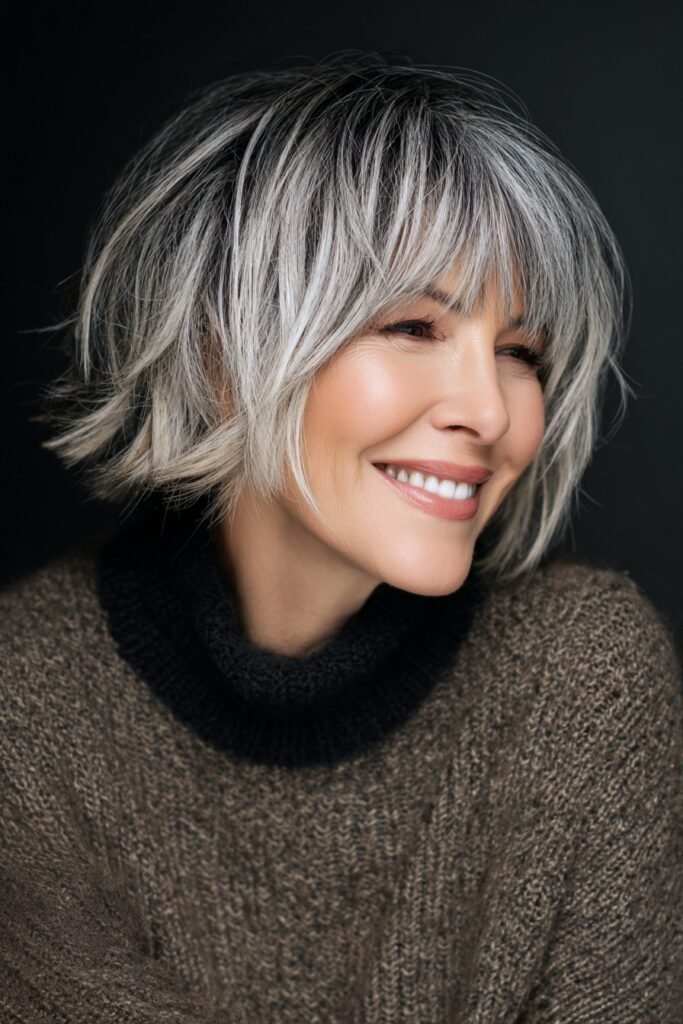 Silver-Grey Layered Bob with Soft Bangs