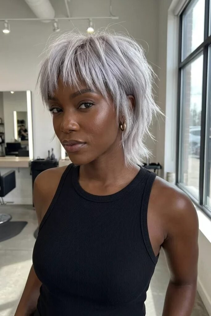 Silver Grey Shag Haircut with Front Bangs