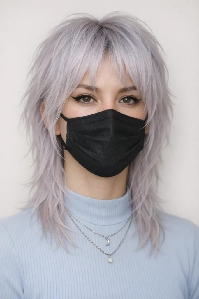 Silver Grey Shaggy Layered Hair with Bangs