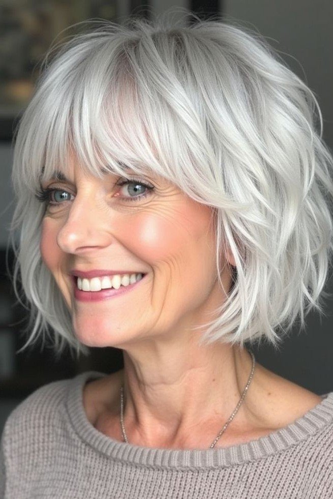 Silver Layered Bob with Soft Bangs