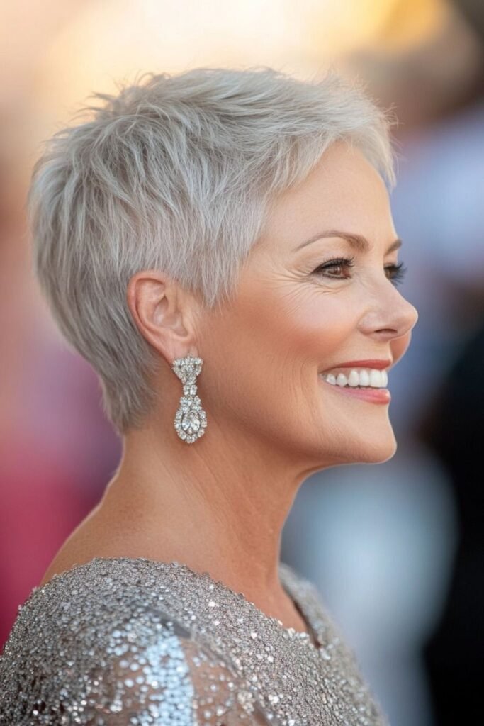 Silver Layered Pixie Cut with Side-Swept Texture