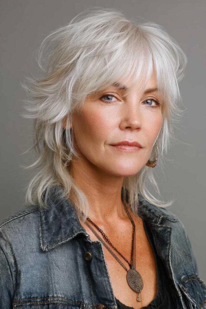 Silver Layered Shag with Feathered Bangs