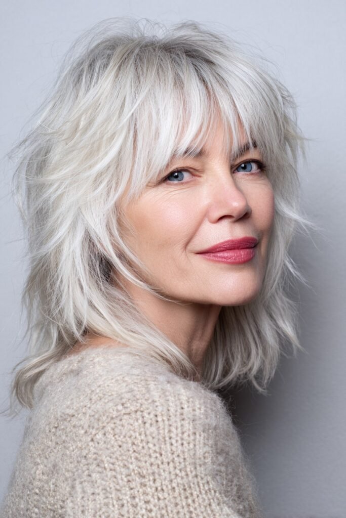 Silver Shaggy Layered Hairstyle with Bangs