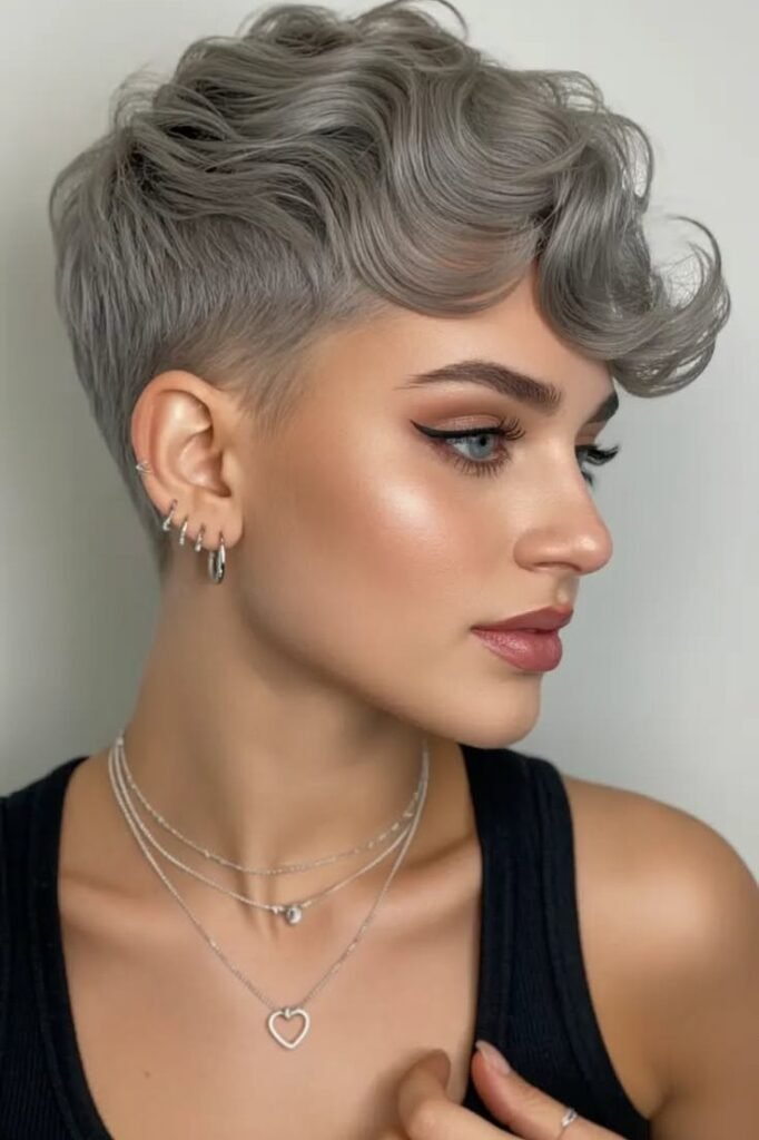 Silvery-Grey Wavy Pixie with Finger Wave Bangs