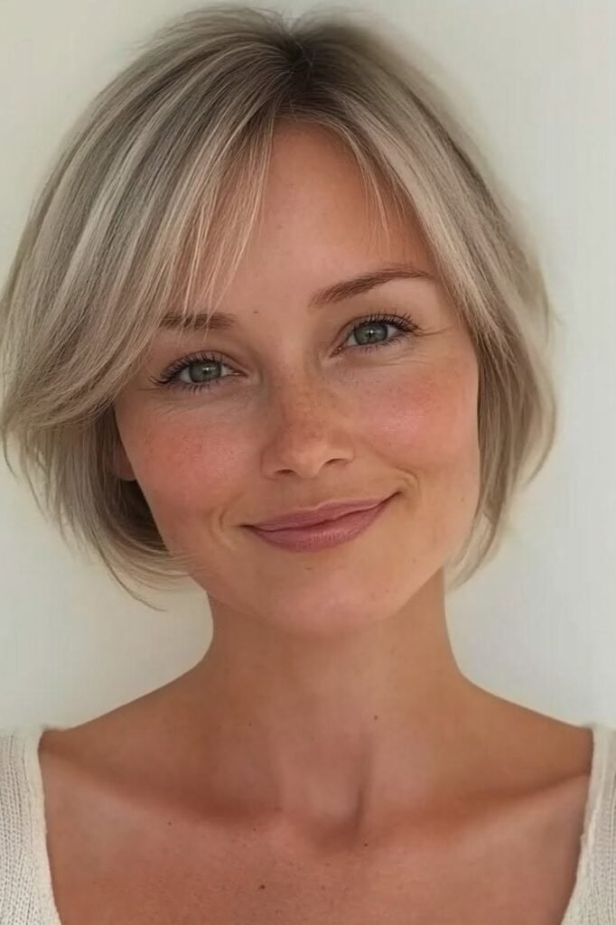 Sleek Ash Blonde Bob with Delicate Face-Framing Fringe