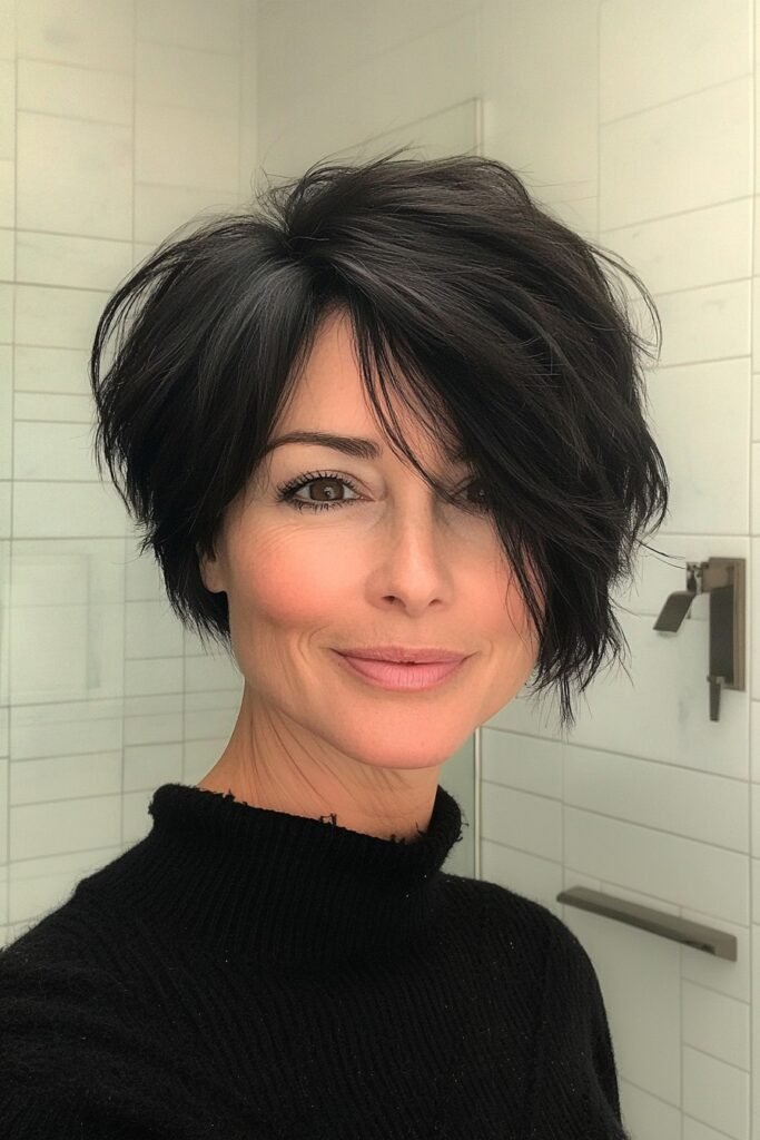 Sleek Black Layered Bob with Side-Swept Bangs
