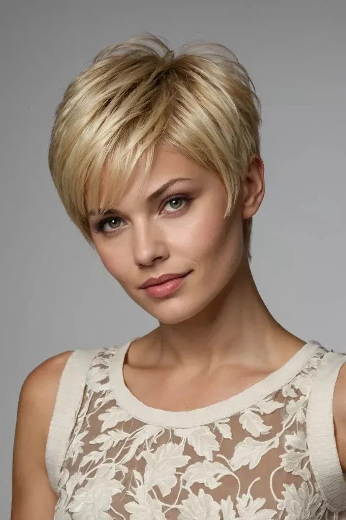 Sleek Blonde Pixie Cut with Long Side-Swept Bangs
