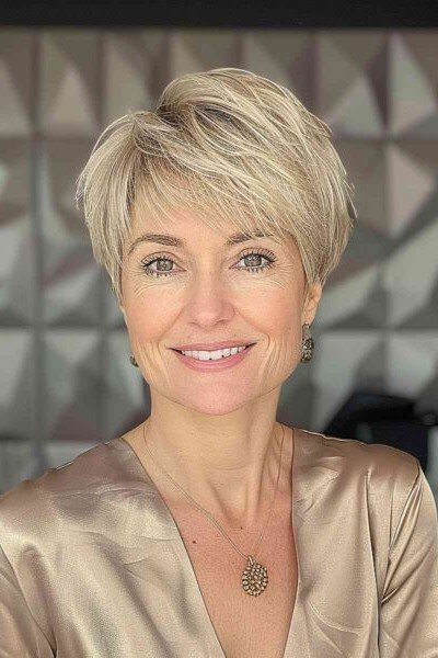Sleek Blonde Pixie Cut with Side Bangs