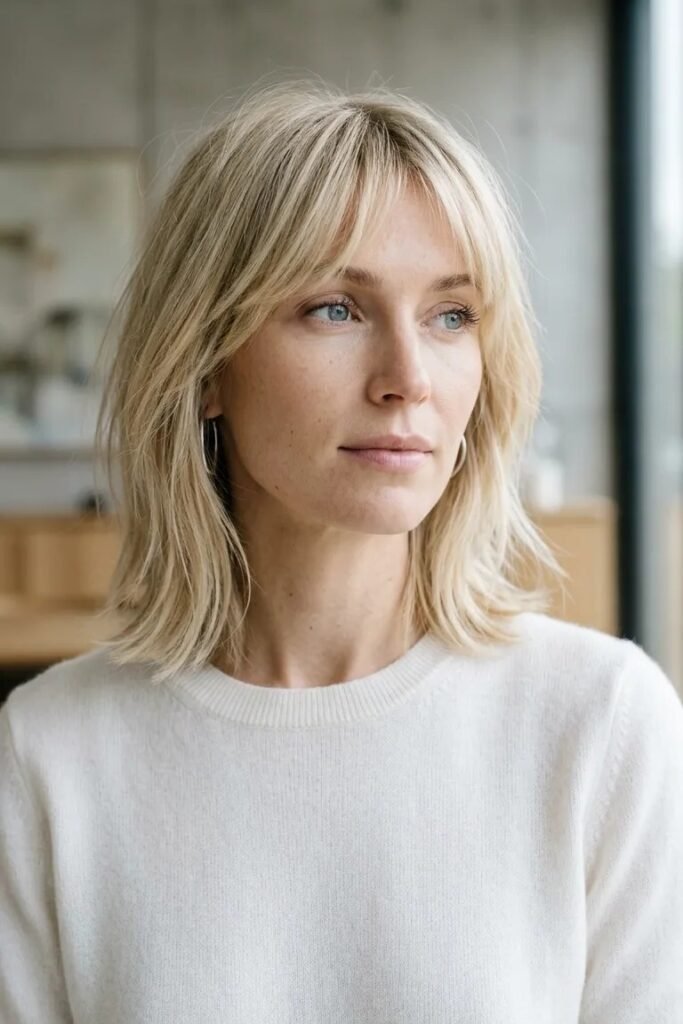 Sleek Blonde Shag Bob with Long Face-Framing Fringe