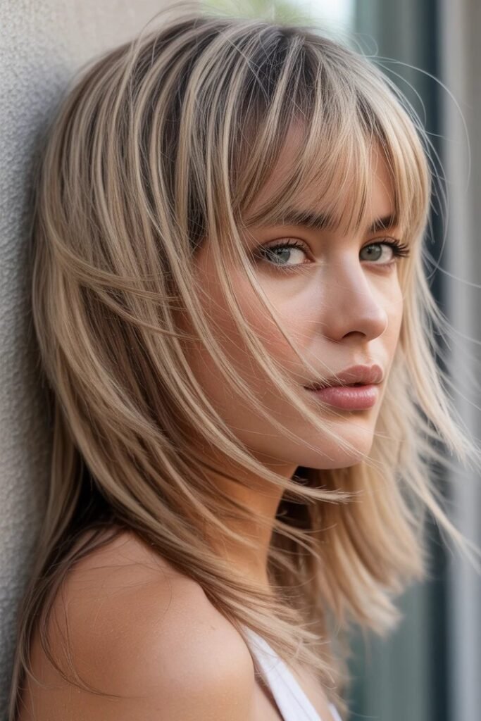 Sleek Blonde Shag with Feathered Layers and Bangs
