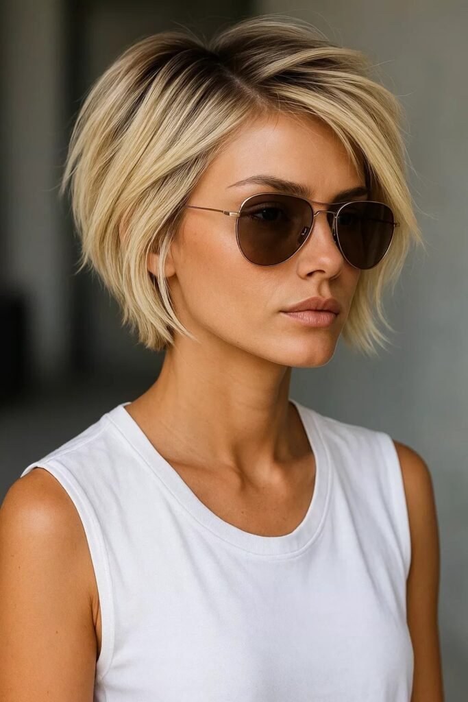 Sleek Blonde Stacked Bob with Side Parting
