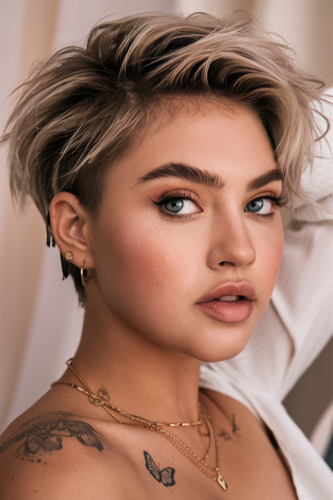 Sleek Blonde Textured Pixie with Side-Swept Volume