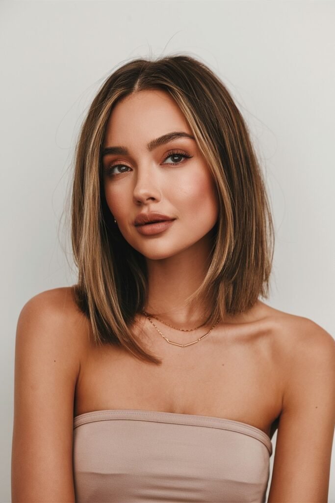 Sleek Blunt Lob with Subtle Face-Framing Highlights