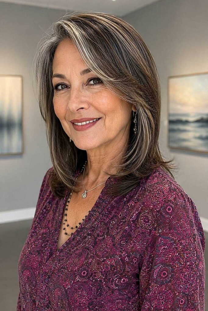 Sleek Brunette Bob with Dimensional Gray Highlights