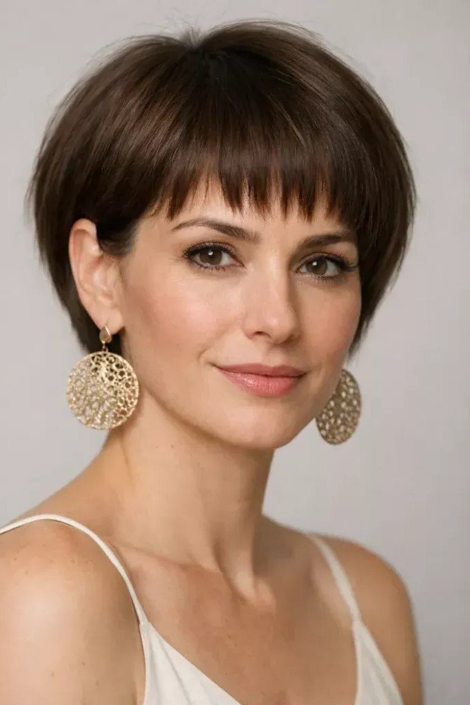 Sleek Brunette French Crop with Micro Bangs