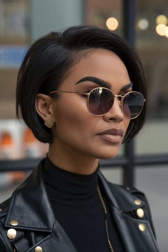 Sleek Dark Bob with Deep Side Parting and Round Sunglasses