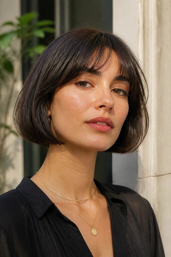 Sleek Dark Bob with Subtle Bangs and Center Parting