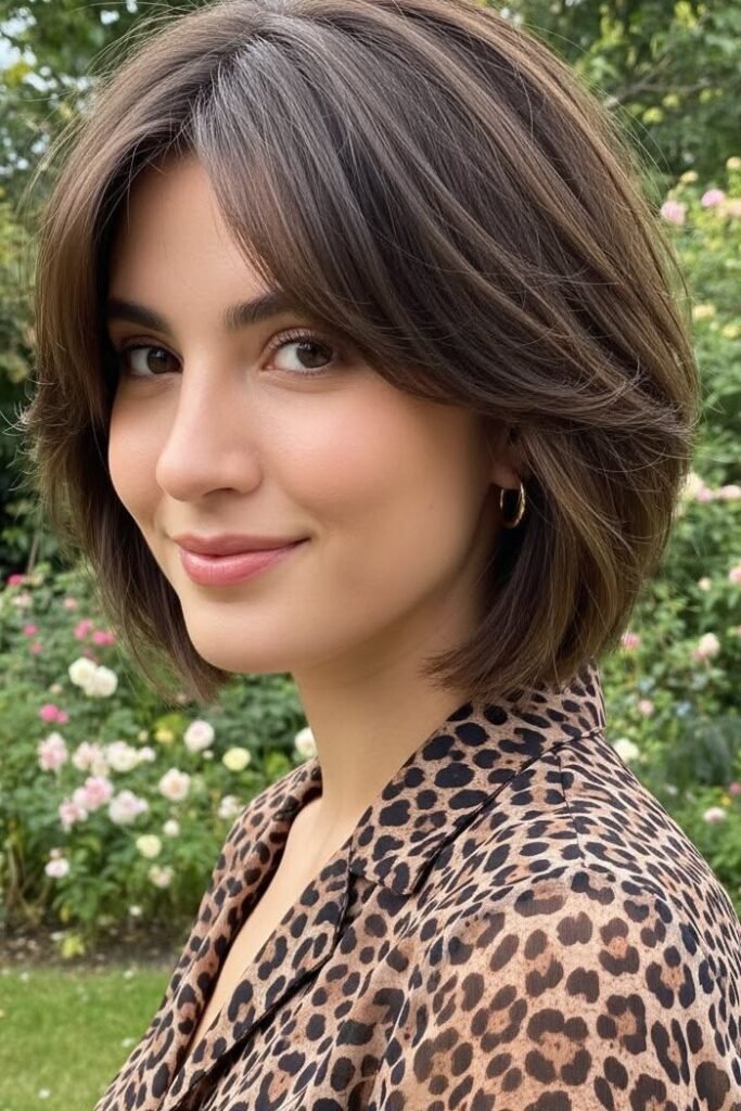 Sleek Dark Brown Layered Bob with Subtle Curtain Bangs