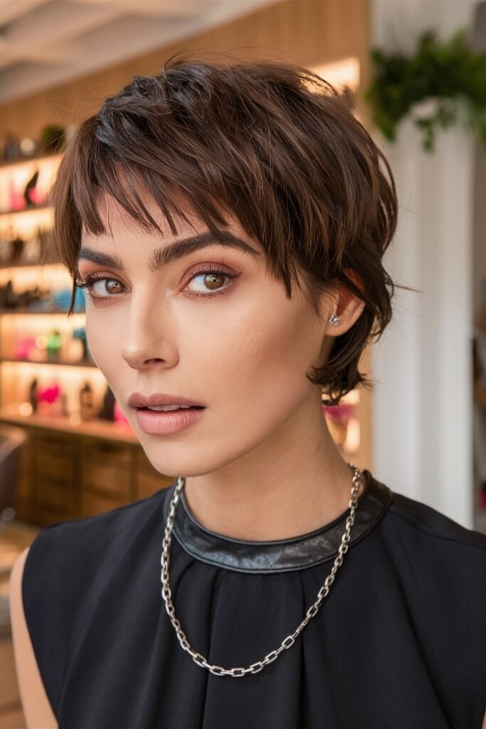 Sleek Dark Brown Layered Pixie with Textured Bangs
