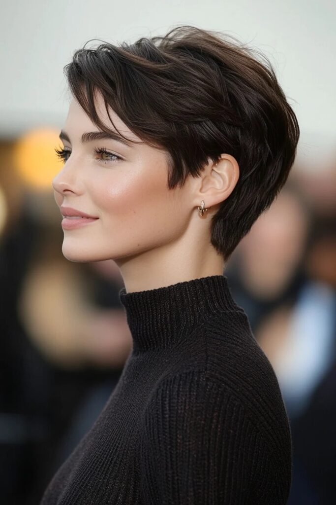 Sleek Dark Brown Pixie Cut with Side Swept Bangs