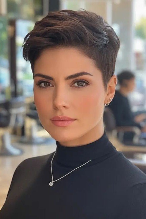 Sleek Dark Brunette Pixie Crop with Side-Parted Crown