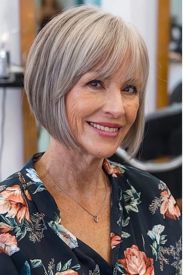 Sleek Gray Bob with Straight Fringe Bangs