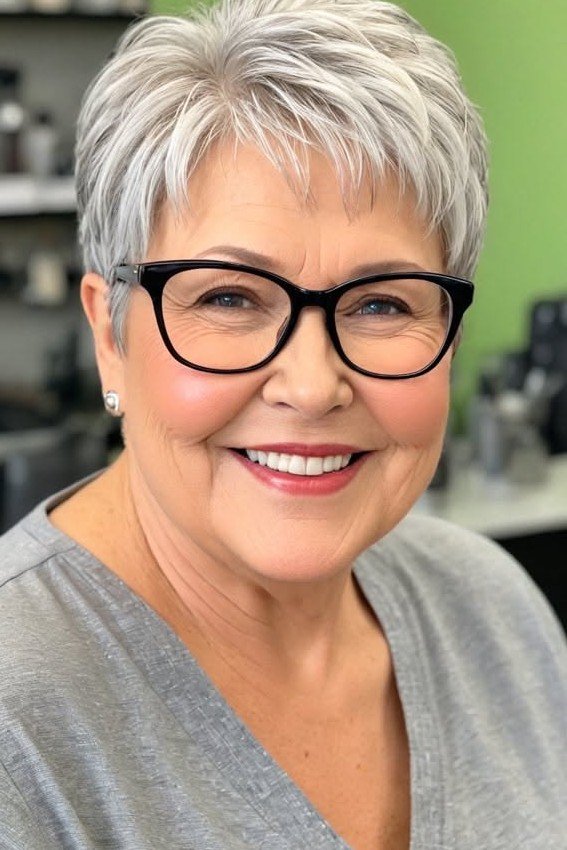 Sleek Grey Pixie Cut with Soft Face-Framing Layers
