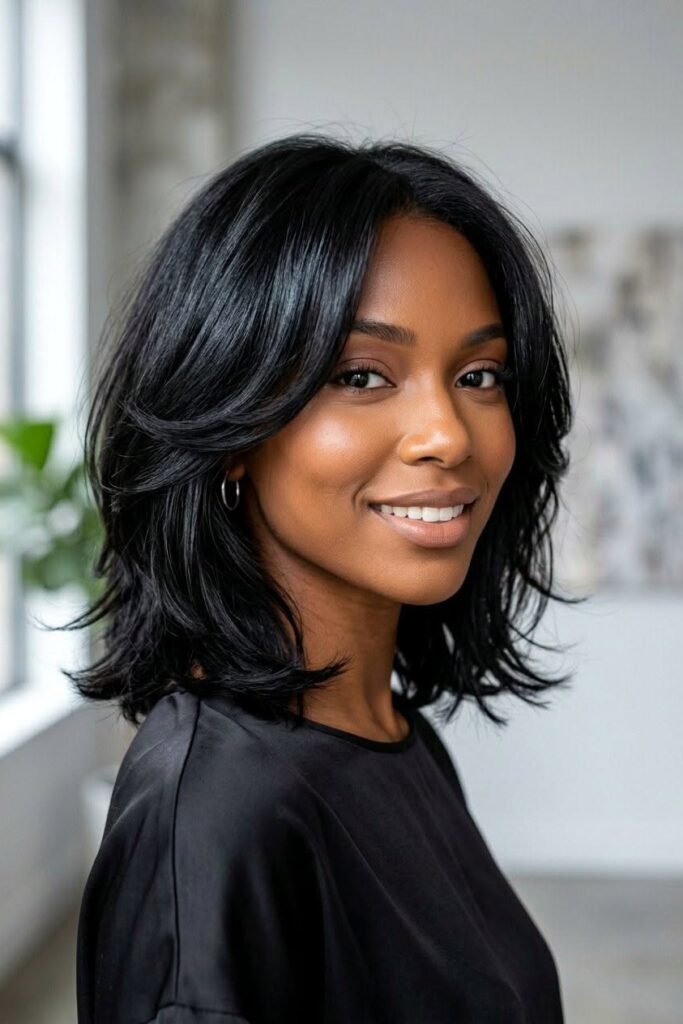 Sleek Jet Black Lob with Soft Side-Swept Layers