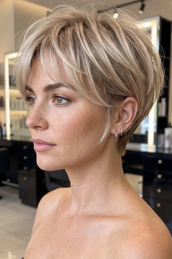 Sleek Layered Blonde Pixie with Curtain Bangs