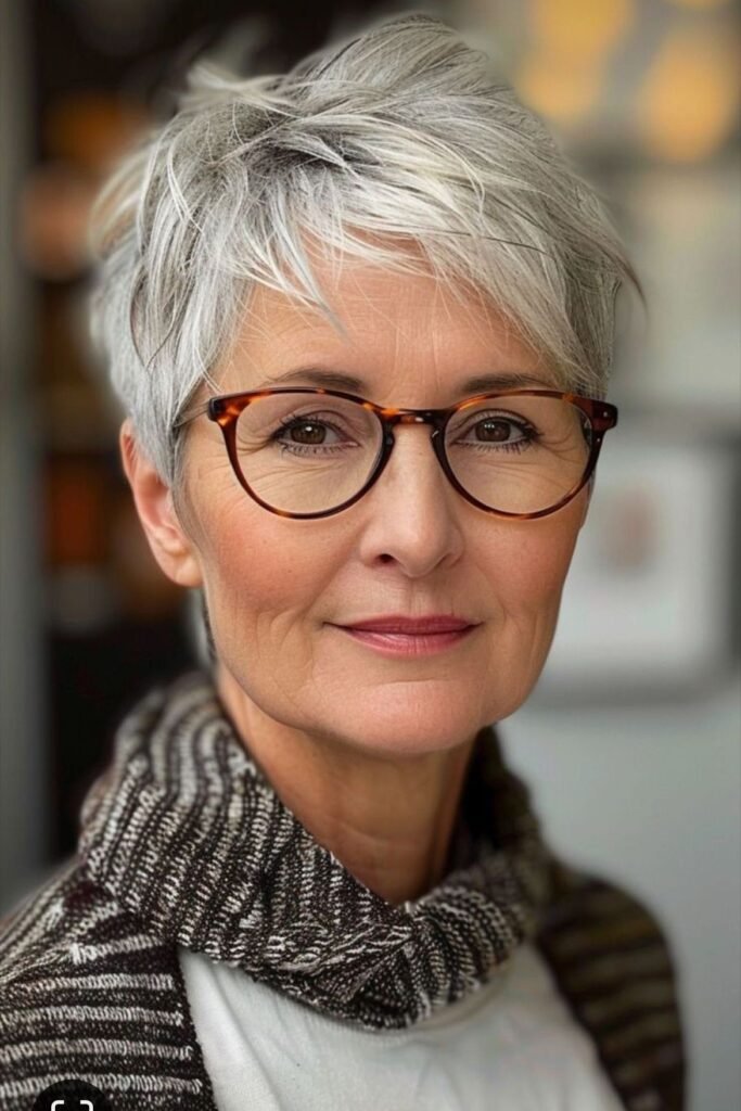 Sleek Layered Silver Pixie with Side-Swept Fringe