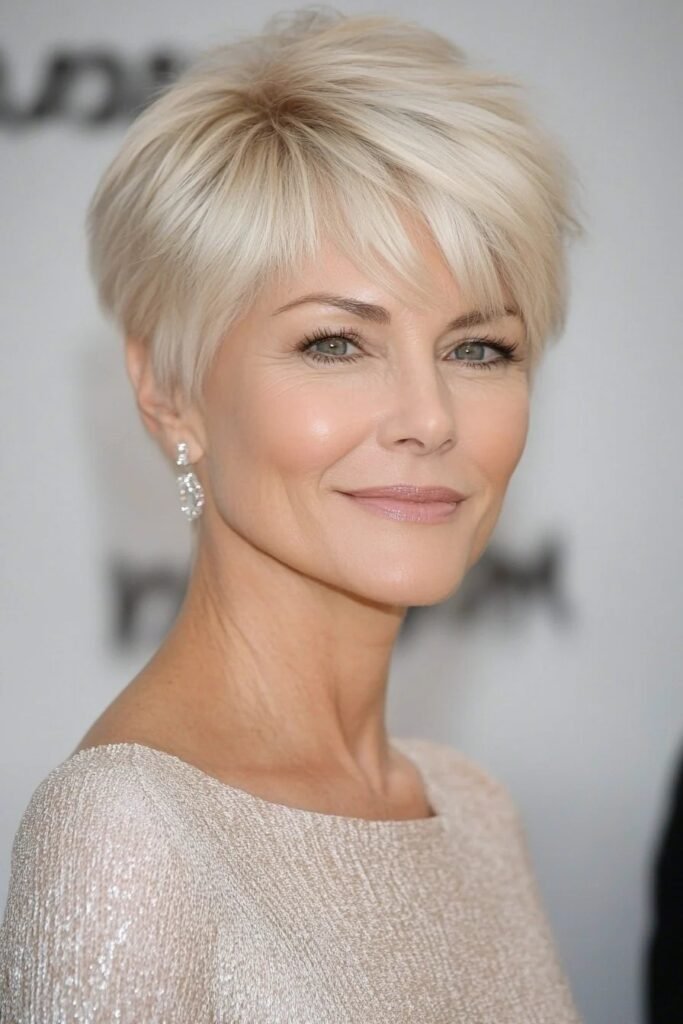 Sleek Platinum Blonde Pixie with Side Swept Bangs