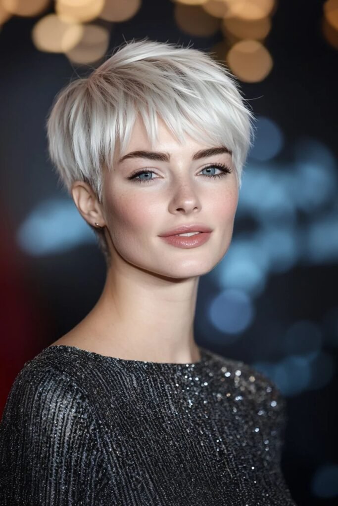 Sleek Platinum Pixie Cut with Layered Fringe