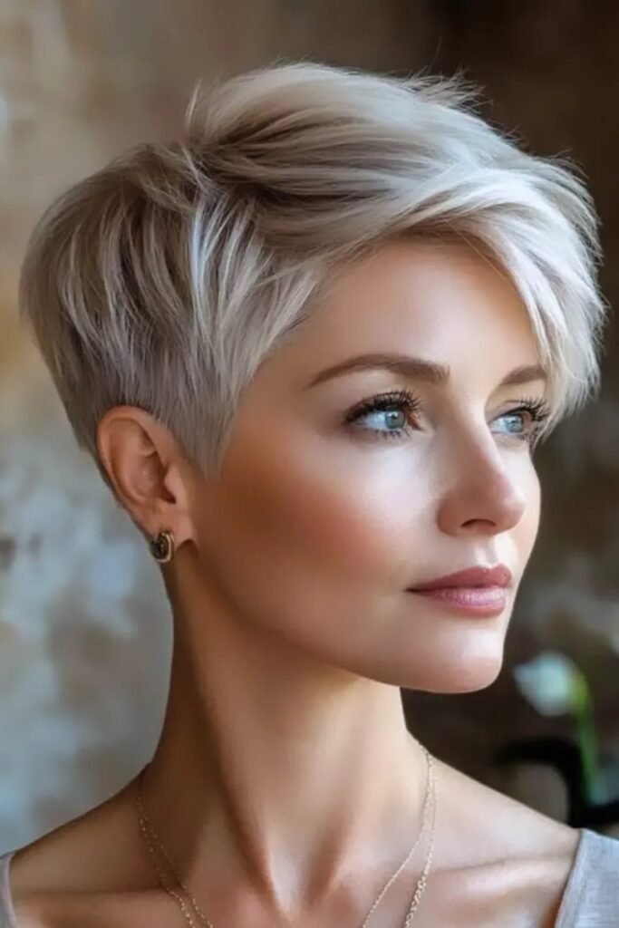 Sleek Silver-Blonde Pixie Cut with Soft Side-Swept Bangs