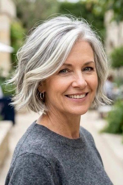 Sleek Silver Bob with Side Part and Layered Ends