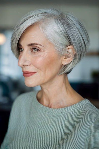 Sleek Silver Bob with Side Part