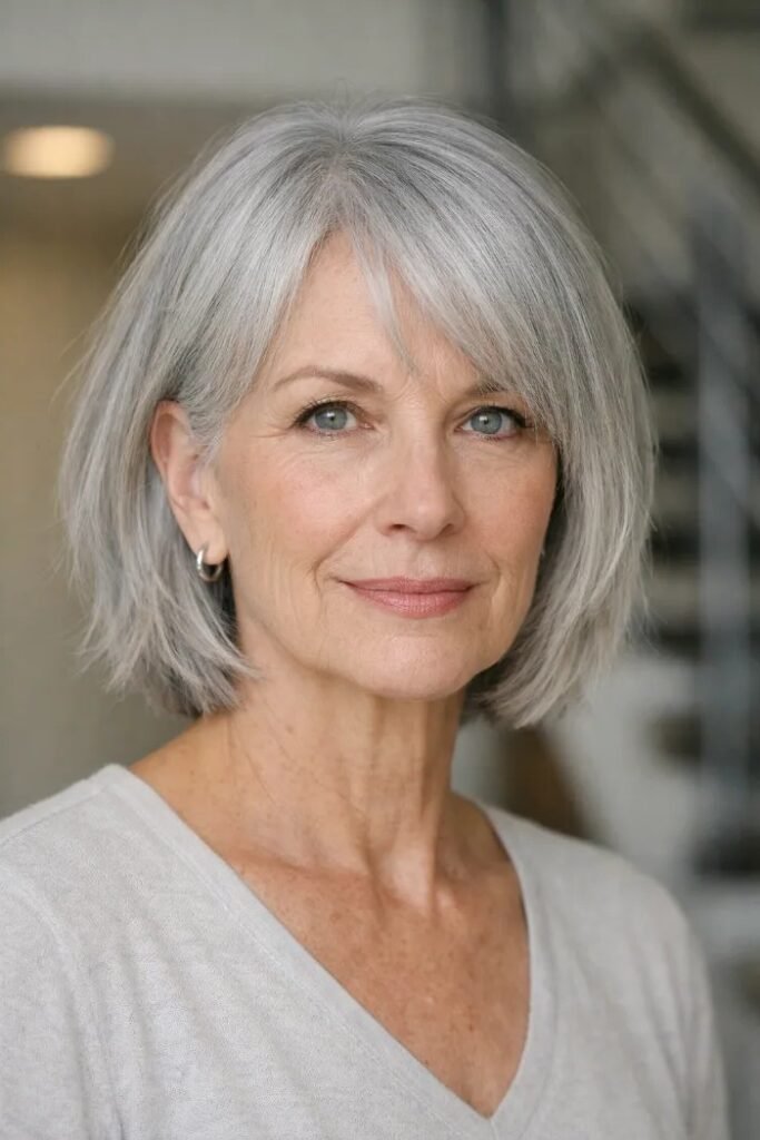 Sleek Silver Bob with Side-Swept Bangs