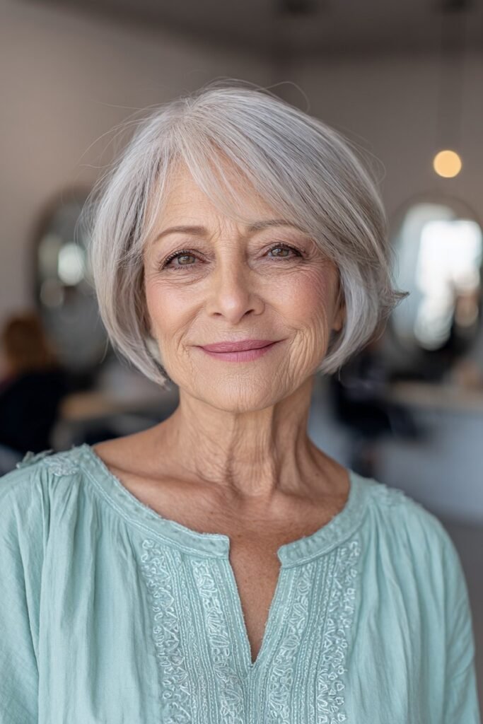 Sleek Silver Bob with Soft Side-Swept Bangs