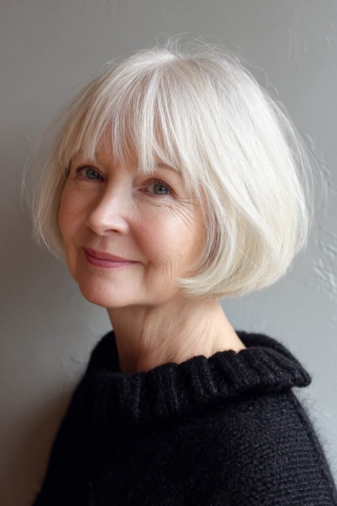 Sleek Silver Bob with Straight Bangs