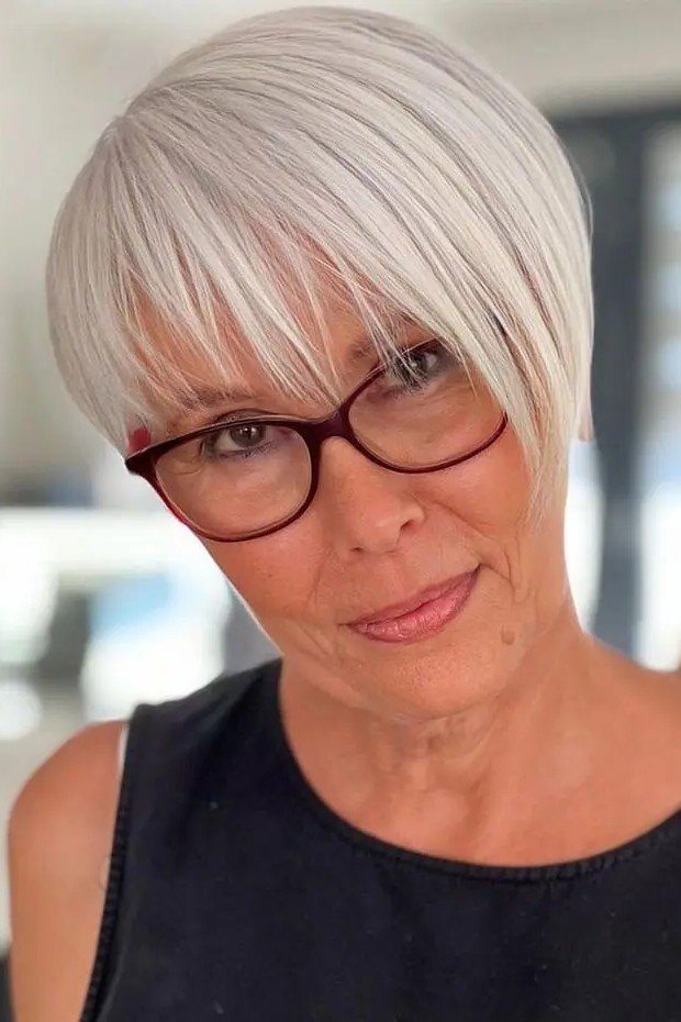 Sleek Silver Bob with Thin Wispy Bangs