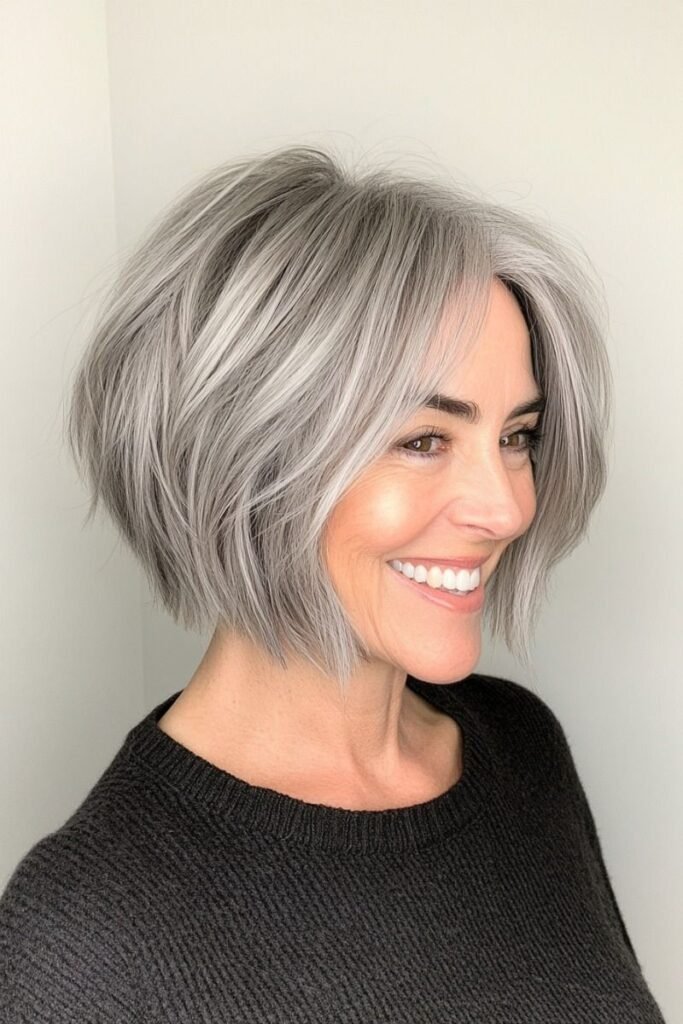 Sleek Silver Bob with Volume and Side-Swept Fringe